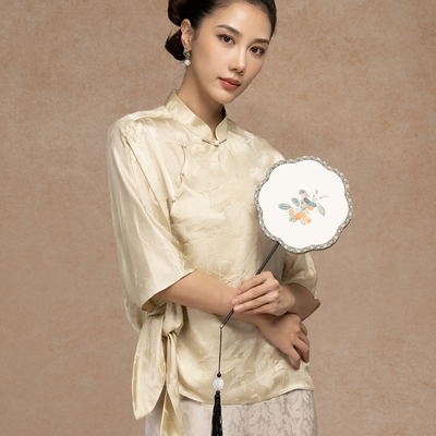 Londee/龙笛新中式国风小衫立领盘扣桑蚕丝短袖衬衫上衣女5S22252