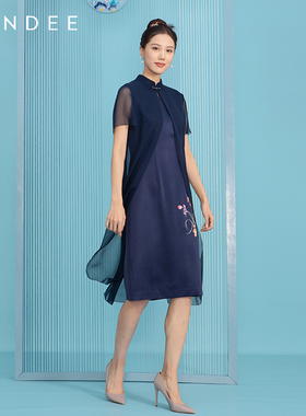 Londee/龙笛新中式春夏时尚气质桑蚕丝舒适连衣裙中长裙女2T26558