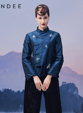 Londee/龙笛秋冬款珠光蓝国风棉外套2T25197