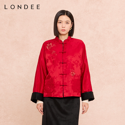 Londee/龙笛新中式国风红色盘扣提花外套女百搭上衣6S25168