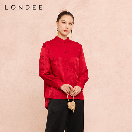 Londee/龙笛新中式高级感提花红色衬衫国风设计感上衣衬衣6S22391