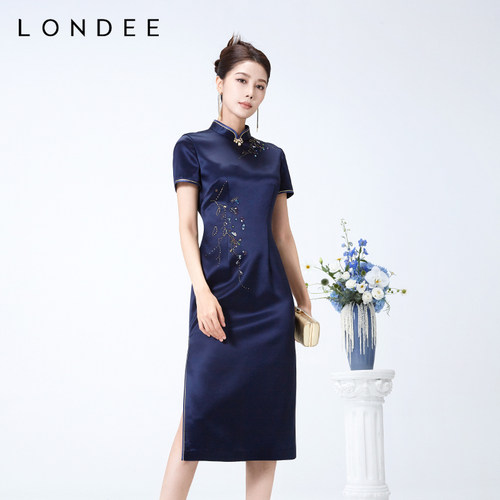Londee/龙笛新中式改良旗袍国风短袖气质烫钻显瘦连衣裙女4S21189