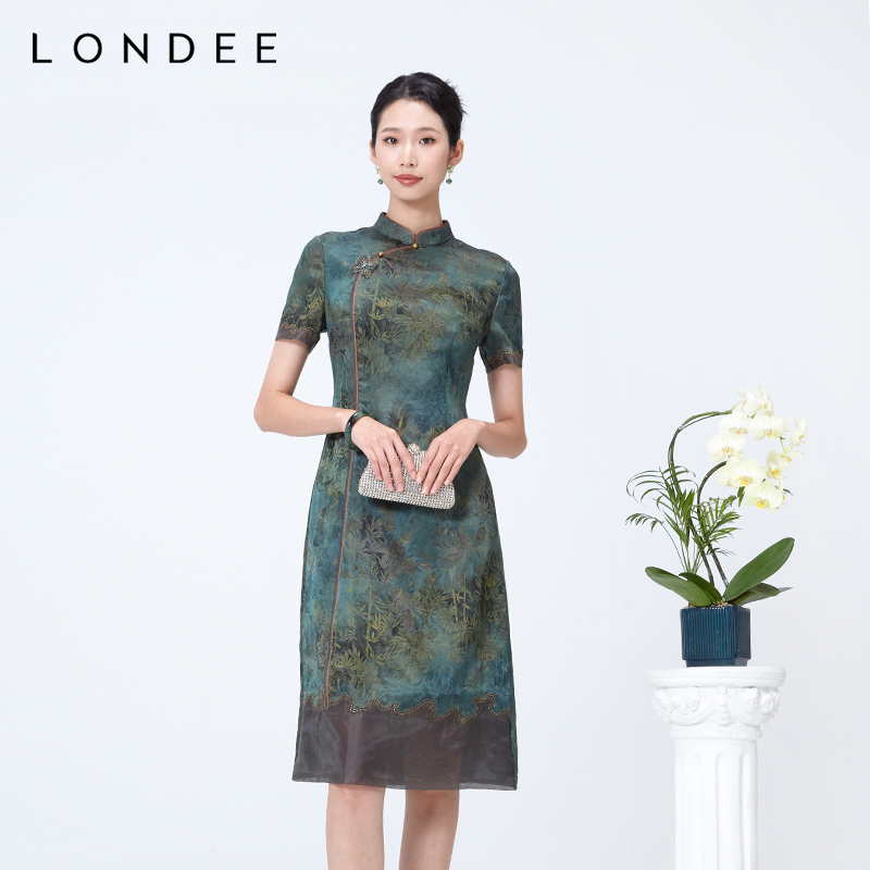 Londee/龙笛新中式国风连衣裙绿色显瘦日常可穿改良旗袍女4S21687