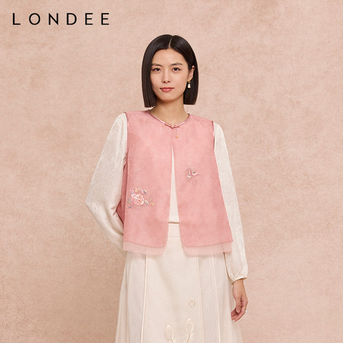 Londee/龙笛新中式粉色刺绣马甲无袖优雅百搭上衣6S27261