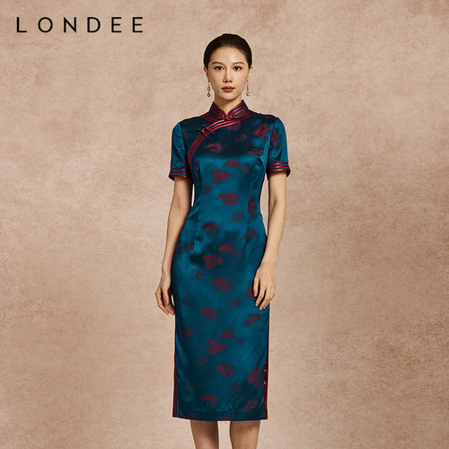 Londee/龙笛中式复古旗袍改良短袖修身气质国风连衣裙6T21278