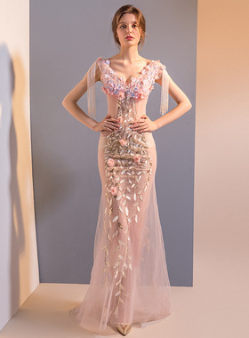 G1213/性感透视装礼服蕾丝流苏深V领手工长款演出服