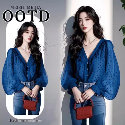 春季新款漂亮小衫港风复古v领木耳边雪纺长袖波点衬衫女气质