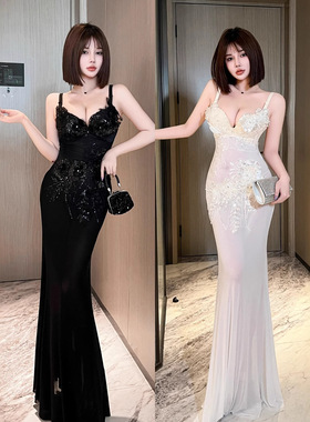 新款网纱透视手工缝花鱼尾长裙修身包臀大漏背礼服加厚罩杯晚礼服