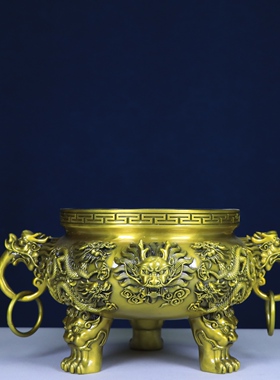 纯黄铜九龙香炉双龙香炉双耳香炉摆件家用供奉寺庙佛堂插线香特大