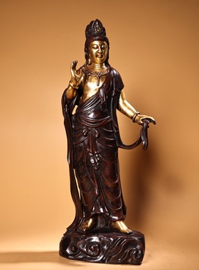 紫铜观音书房佛堂供奉纯紫铜局部鎏金站莲花宝座观音菩萨摆件大号