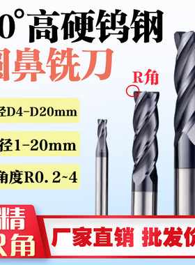 数控60°高硬钨钢圆鼻铣刀R角0.2R1牛鼻刀4刃CNC机床钢铸件D4D6D8