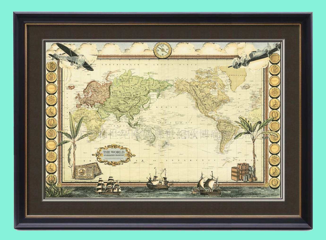 英国美式风书房世界地图装饰画