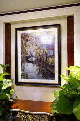 进口原版名著玄关壁炉桥水岸风景装饰画法国 Brugge Reflections