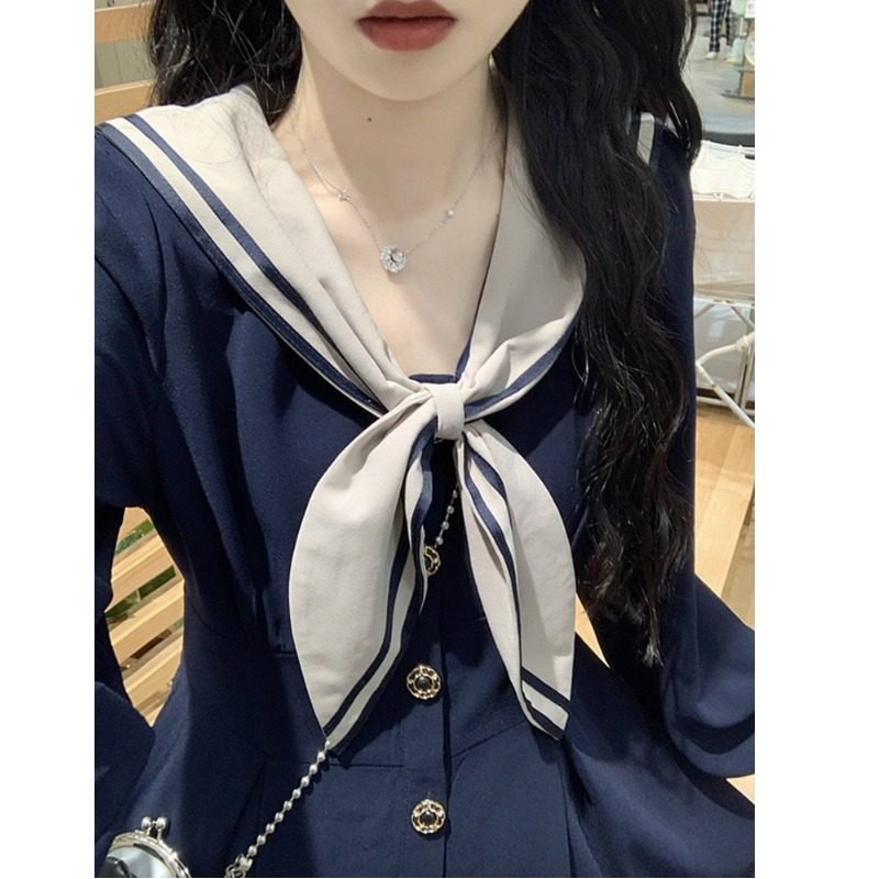 早秋2025法式小香风蝴蝶结连衣裙子女复古初恋学院风海军领中长裙