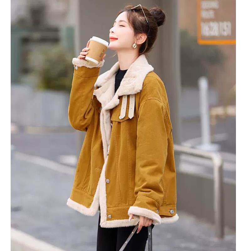 秋冬加绒加厚牛仔外套女工装韩版宽松显瘦原宿风棉服大口袋派克服