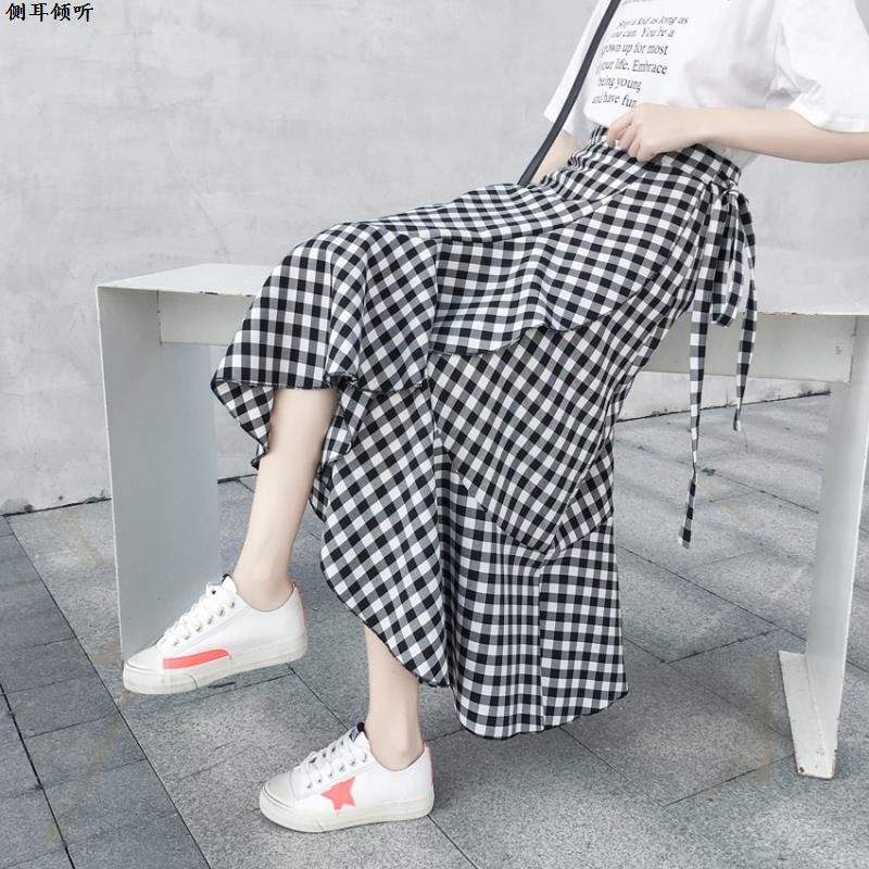 2025春夏季新款格子半身裙女a字一片式系带裹裙不规则鱼尾中长裙