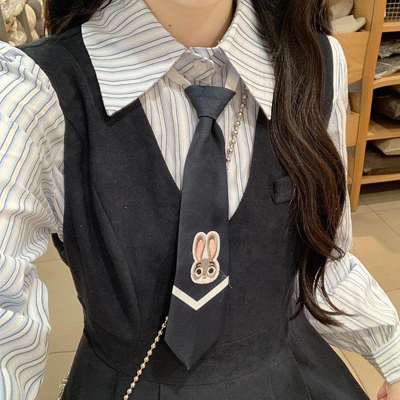 兔子警官~复古甜美学院风领带条纹衬衫背带连衣裙两件套装遮肉裙