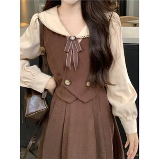 学院风假两件套装裙子微胖mm大码春夏新款赫本风灯芯绒长袖连衣裙