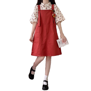 学院风工装背带裙子少女夏装初中高中学生印花衬衣连衣裙两件套装