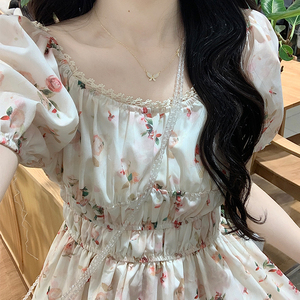少女法式甜美花朵印花泡泡袖连衣裙2025夏季新款方领收腰显瘦长裙