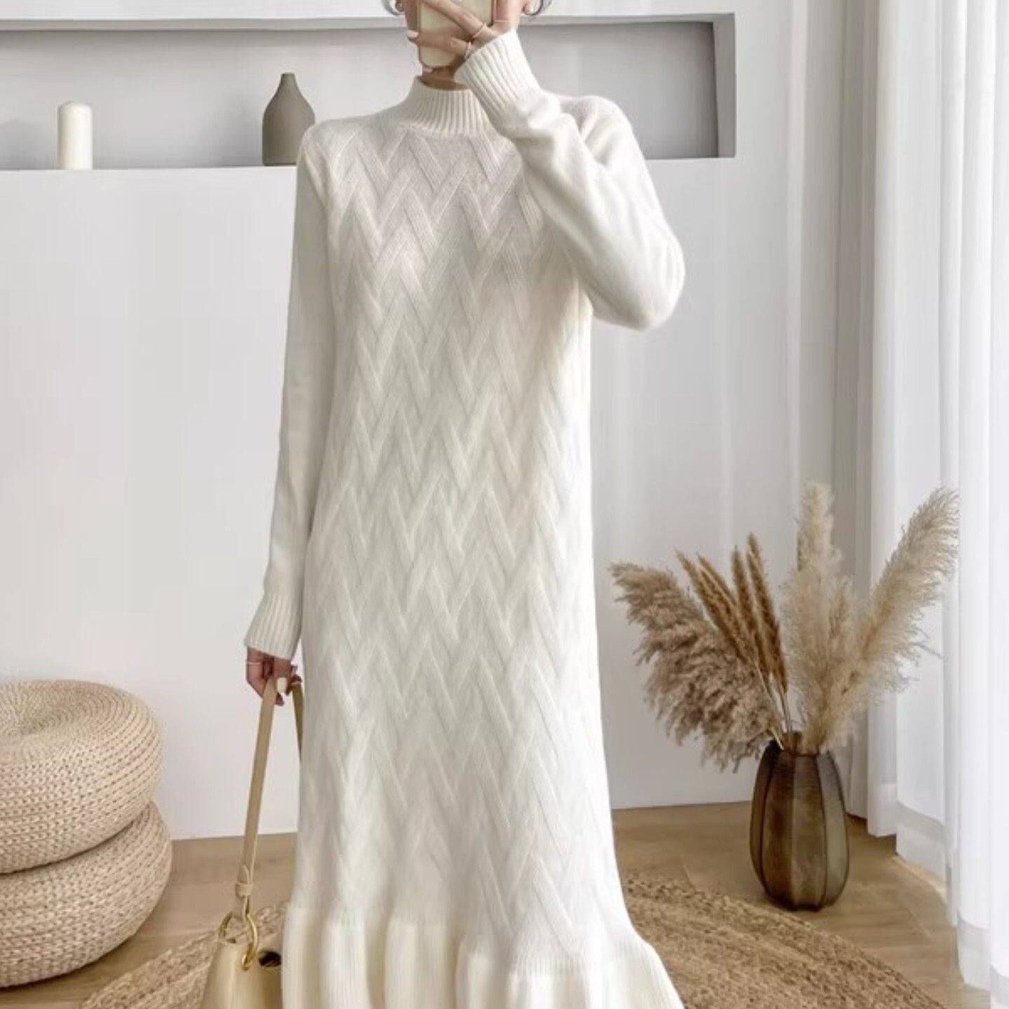 加厚微胖mm半高领针织连衣裙女秋冬慵懒宽松中长款鱼尾打底毛衣裙