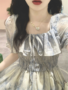 茶歇法式水墨画碎花连衣裙女夏小个子复古气质甜美温柔风初恋长裙