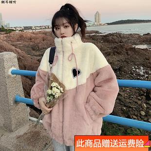 加绒加厚羊羔毛卫衣少女秋冬装初中高中学生毛茸茸夹棉衣棉服外套