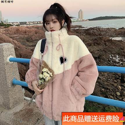 加绒加厚羊羔毛卫衣少女秋冬装初中高中学生毛茸茸夹棉衣棉服外套