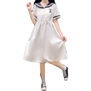 文艺学院风海军领连衣裙夏少女初中高中学生宽松收腰显瘦班服裙子