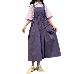 韩版背带裙两件套装女夏2025新款学生学院风大码收腰中长款连衣裙
