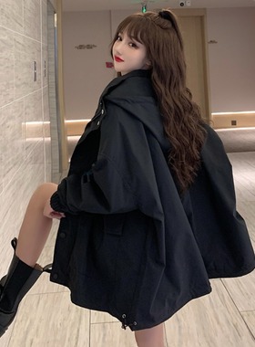 黑色工装外套女春秋宽松韩版百搭bf原宿风休闲夹克连帽风衣潮ins