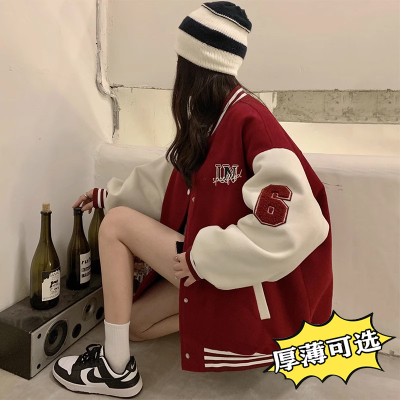酒红色棒球服少女春秋冬装