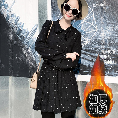 加绒黑色波点雪纺长袖内搭连衣裙