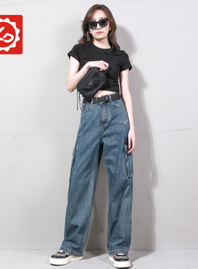 DA4101NK唠叨牛仔女装工装直筒牛仔裤宽松美式复古洗水多口袋长裤
