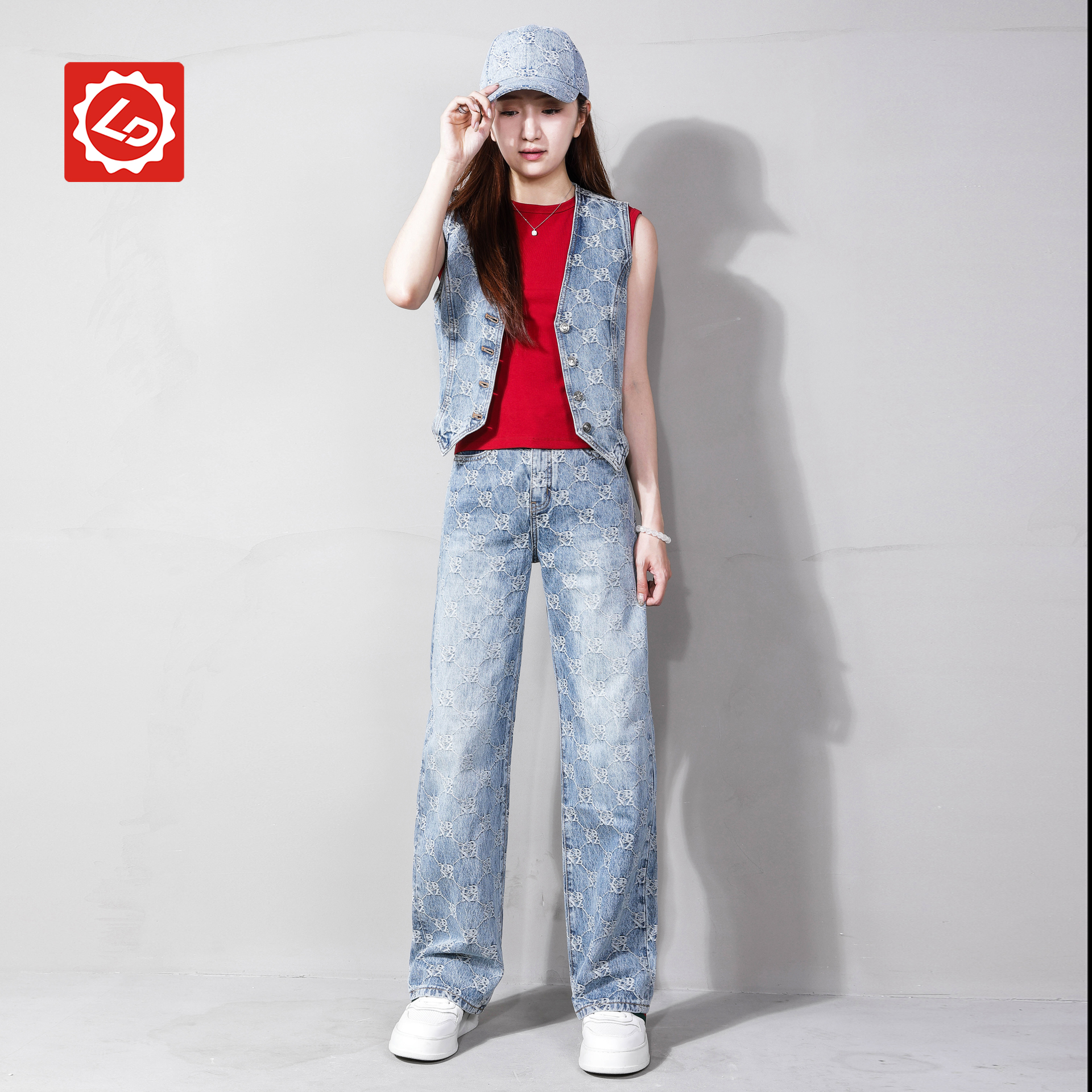 EA5105NK唠叨牛仔夏季定制提花LOGO长裤小拖地裤女装裤子复古套装