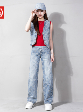 EA5105NK唠叨牛仔夏季定制提花LOGO长裤小拖地裤女装裤子复古套装