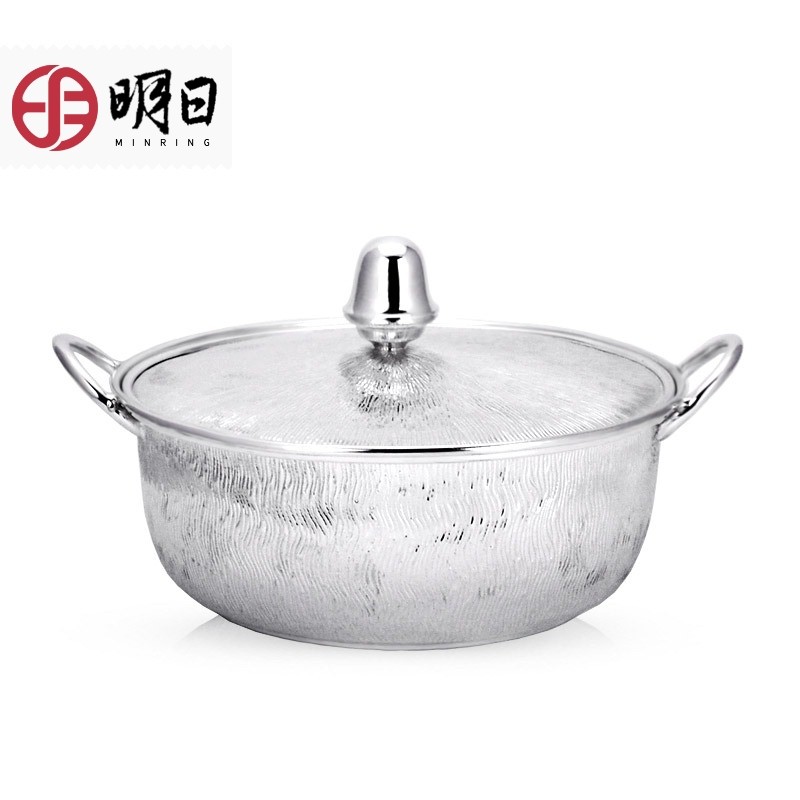 明日银火锅 999足银 银锅 银盆带盖带把汤锅手工纯银礼品