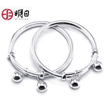 明日宝宝银手镯S999纯银带铃铛推拉款光面足银镯子月子周岁礼品