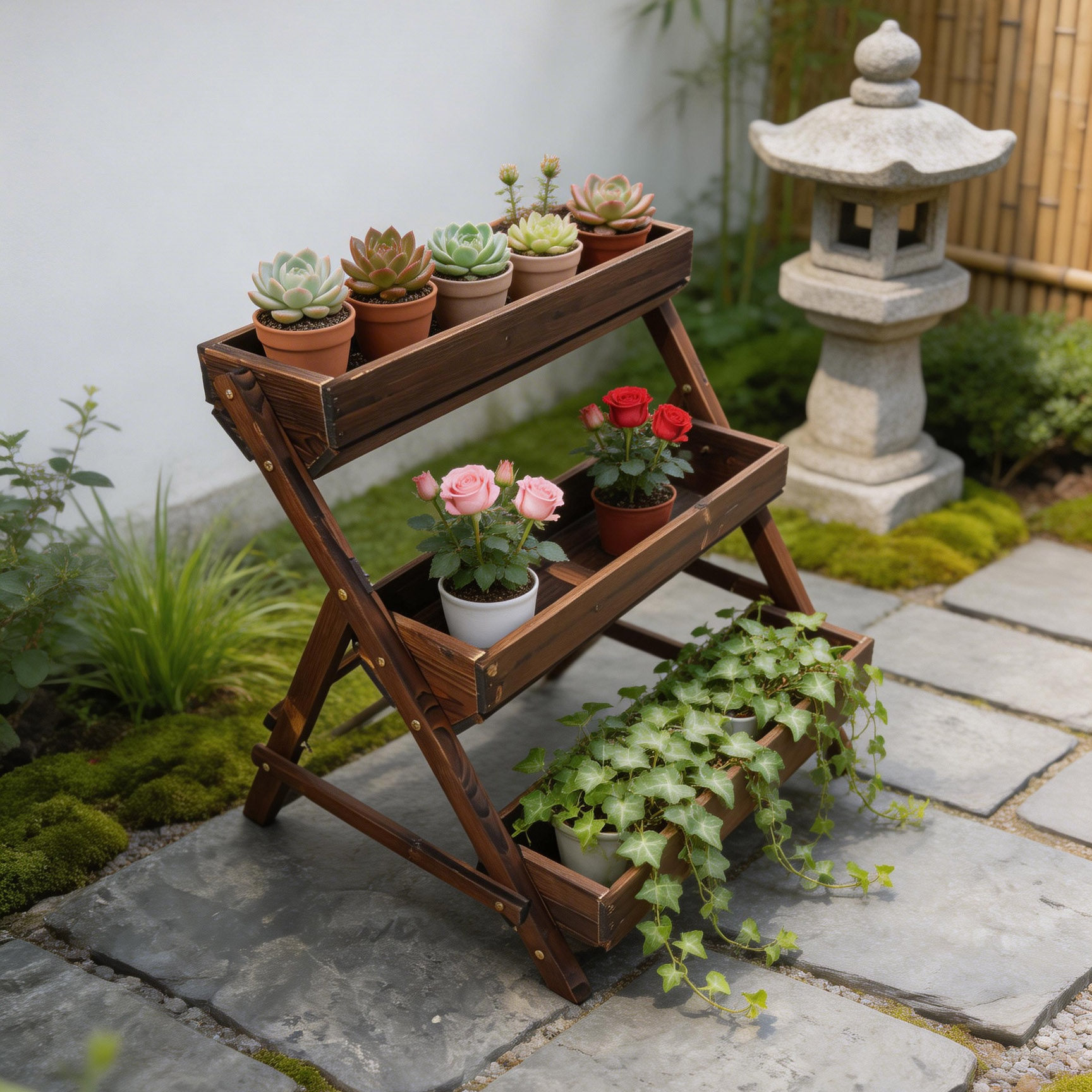 庭院碳化实木花架户外三层阶梯花槽阳台花园木制花盆多层花槽桶