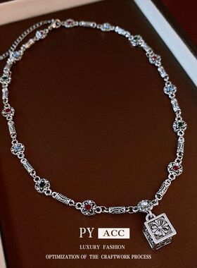 新款复古镶钻方块花朵项链中古小众百搭毛衣链高级感复古气质饰品