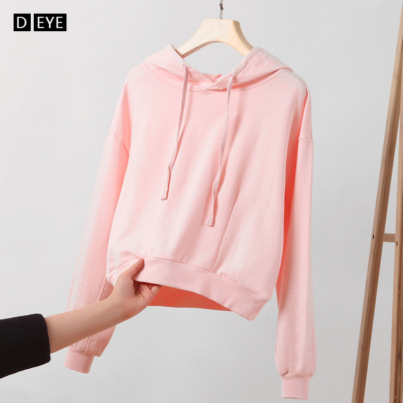 短款卫衣女2022年春秋新款宽松高腰套头粉色上衣纯棉连帽薄款外套