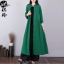 Ou Qiling 2019 xuân hè mới đứng cổ áo màu rắn retro dài đầm văn chương cỡ lớn cotton và áo dài tay bằng vải lanh - Sản phẩm HOT đầm maxi đi biển