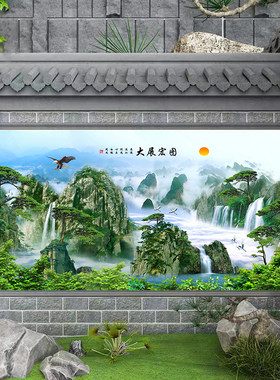 农村大门迎门山水带图瓷砖影壁墙