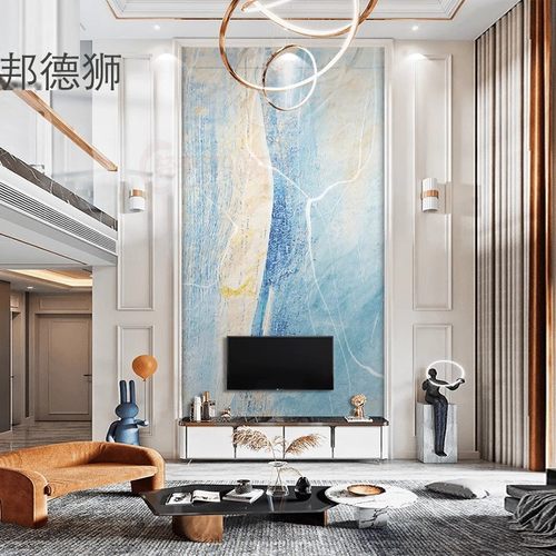 新中式复式楼别墅岩板背景墙自建房电视瓷砖楼中楼挑空客厅大理石