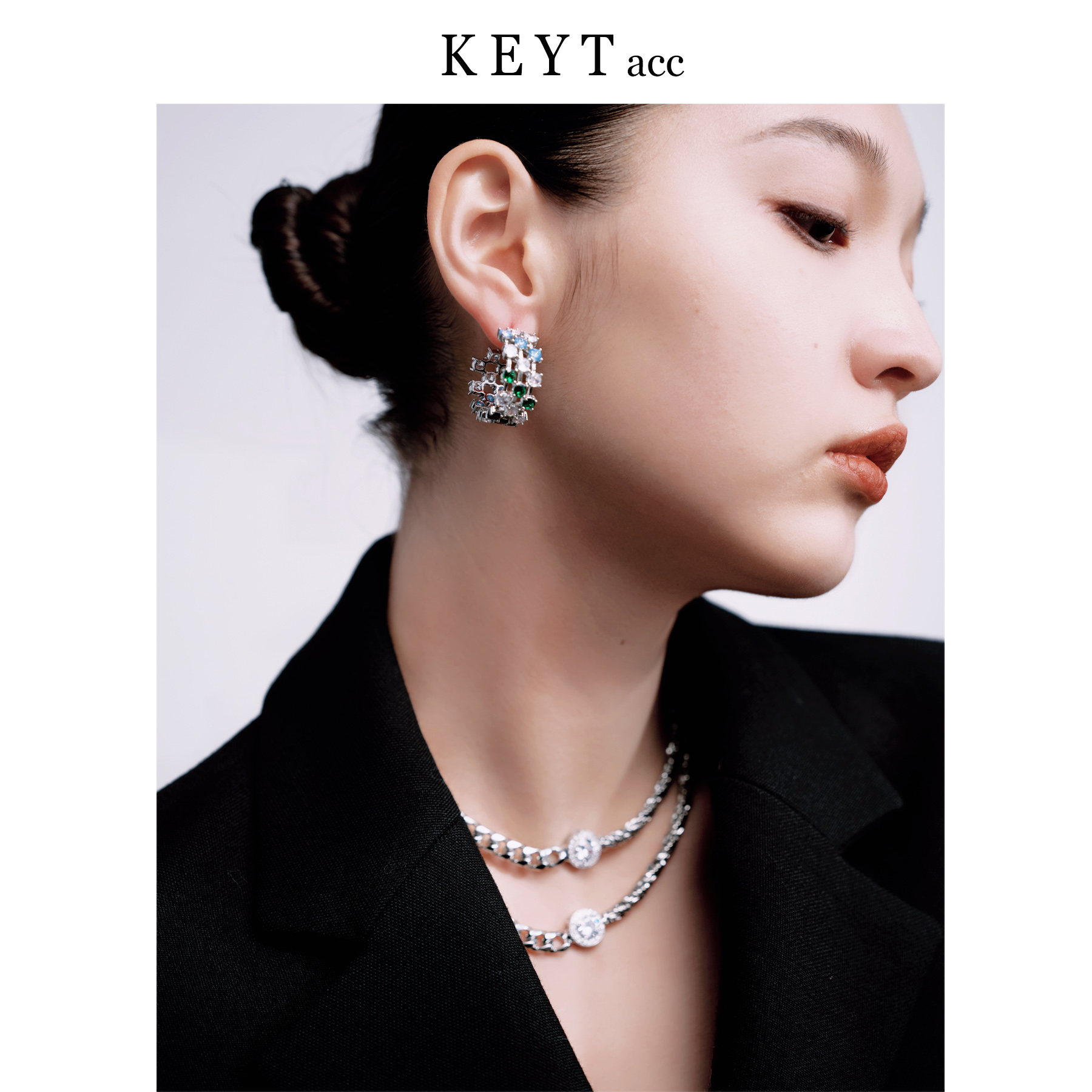 keytacc原创设计日常满锆极简银色双链条拼接锆石项链