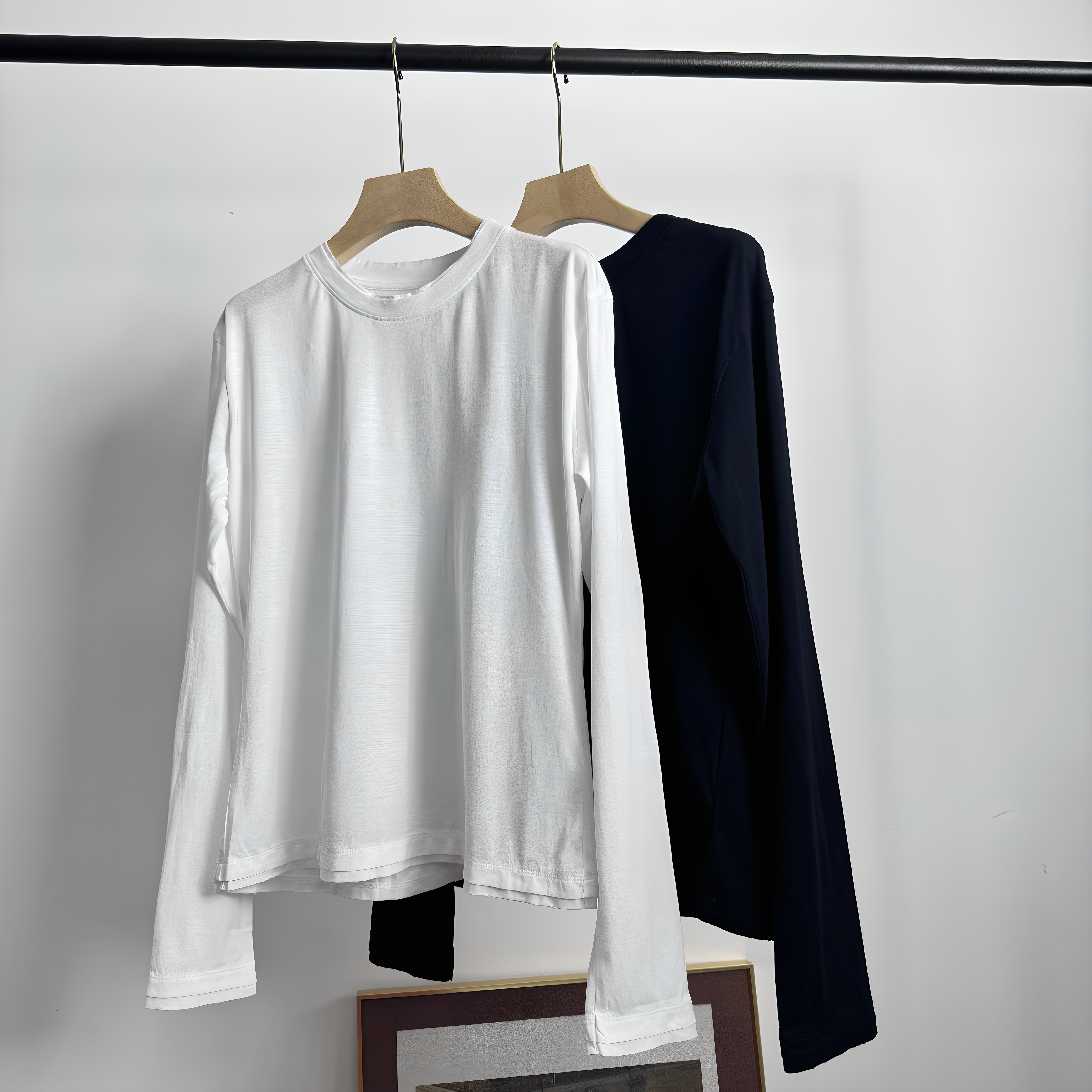 必入款极简基础双层领毛边设计圆领棉长袖T恤轻薄经典百搭显瘦