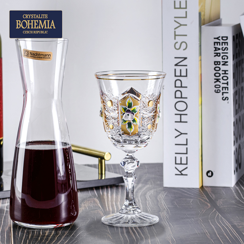 捷克BOHEMIA进口描金珐琅花水晶杯家用轻奢高脚杯欧式创意红酒杯
