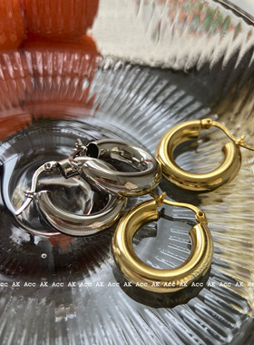 celi欧美博主时髦极简金属粗圆圈金属耳环s925银针hoop光面耳圈