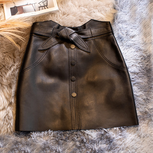 纯皮绵羊皮羊皮真皮短裙半身裙女半裙皮裙包臀裙子小个子a字裙