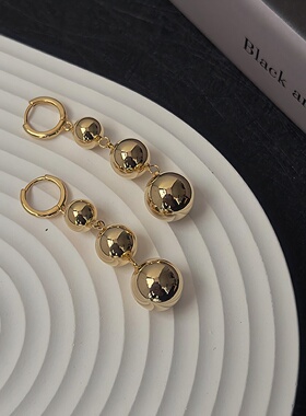 韩国ins三颗圆球耳环2025年新款女耳饰优雅气质高级感金银色长款